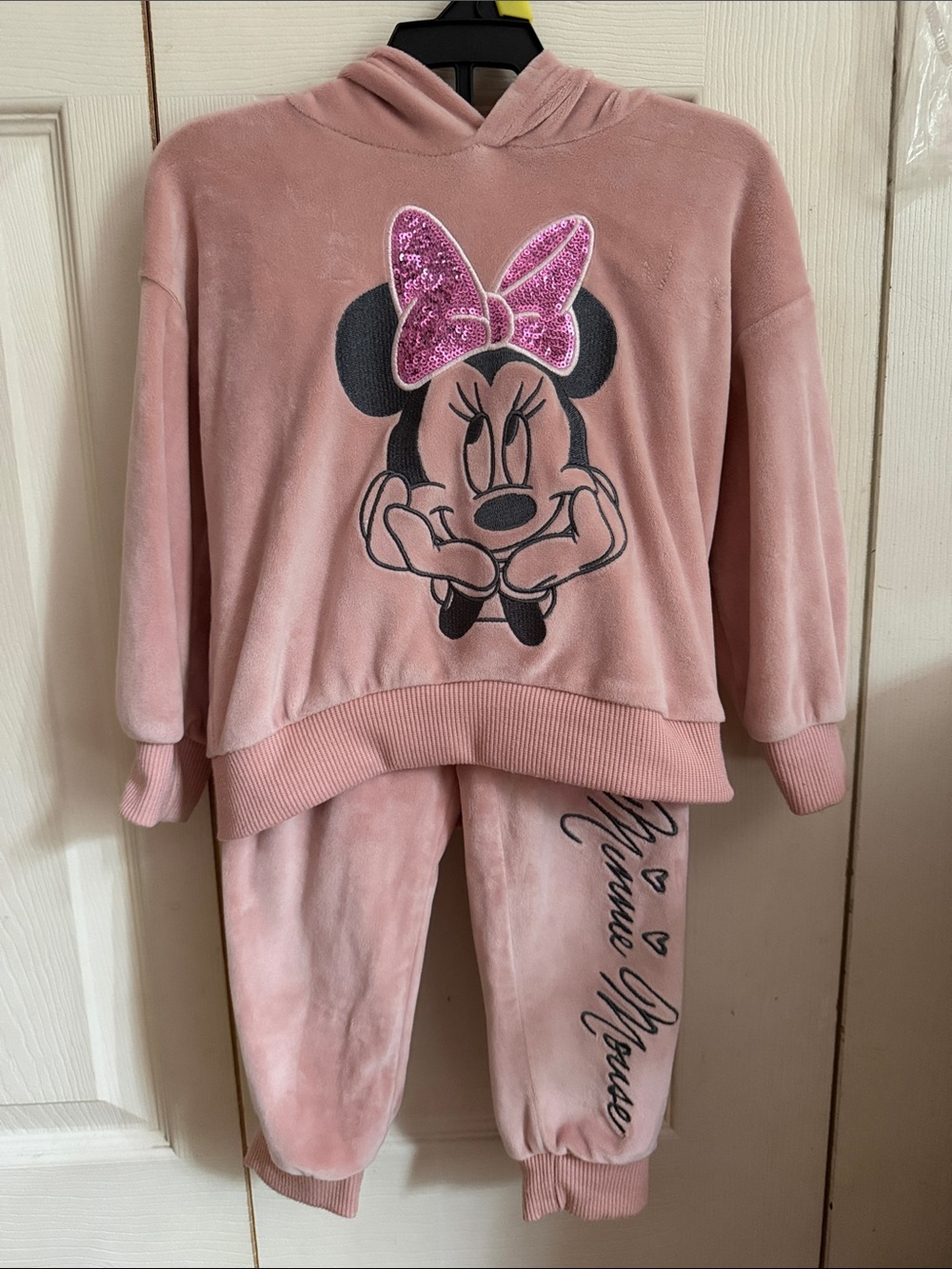 Disney Pink Minnie Mouse Hooded Pajama Set with Sequin Bow